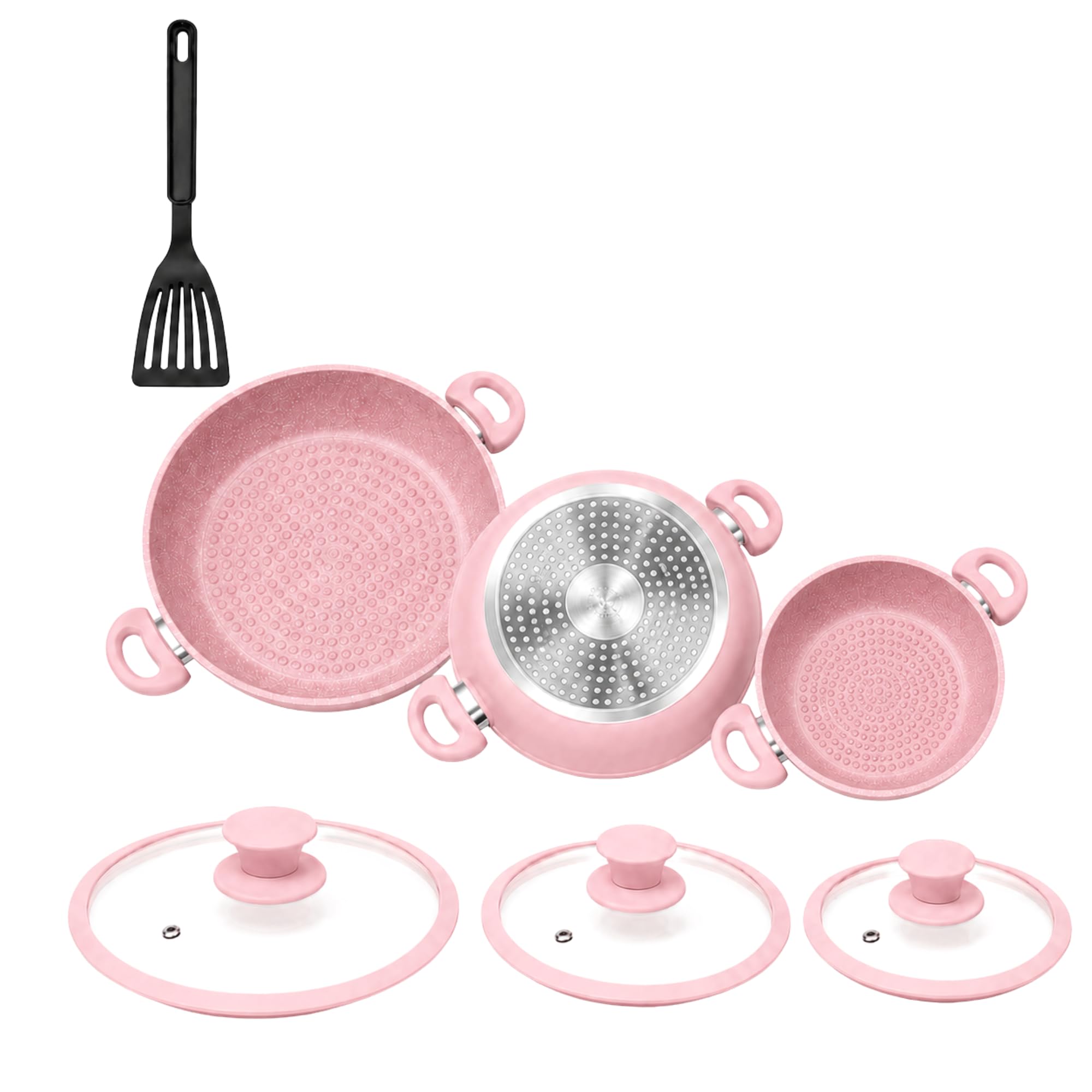 VKZ Set Pentole e Padelle 3 Pezzi, 3 Padelle Antiaderenti con 3 Coperchi in Vetro + 1 Utensili da Cucina, Rivestimento Antiaderente, Manici Ergonomici, Adatte a Gas e Induzione(rosa)