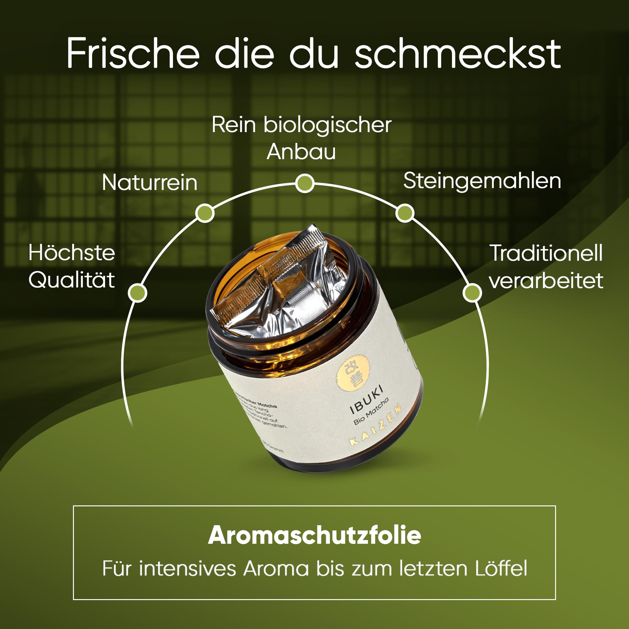 Kaizen - Matcha Pulver "Ibuki" - erlesener Premium Bio Matcha Tee - beschattet - Direktimport aus der Präfektur Kagoshima/Japan - 30g Dose mit UV & Sauerstoffschutz