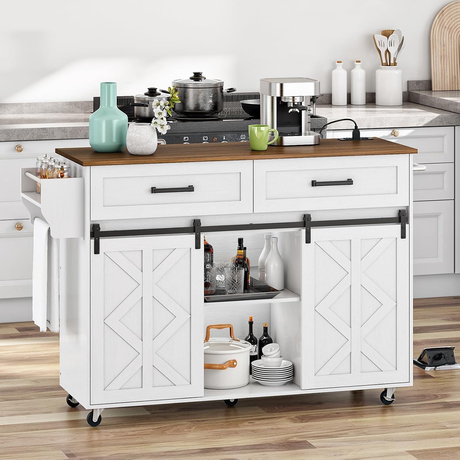HOOBRO Kitchen Island with Power Outlet, Rolling Kitchen Island with Sliding Barn Doors, Island Table with 2 Drawers, Towel Rack and Spice Rack, for Home and Dining Room, White and Walnut WH28UZD01