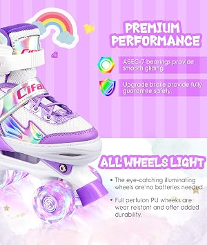 Black Pink Roller Skates for Girls & Boys Kids, Ages 4-13 - 4 Sizes, Light-Up Wheels & Shining Upper Design