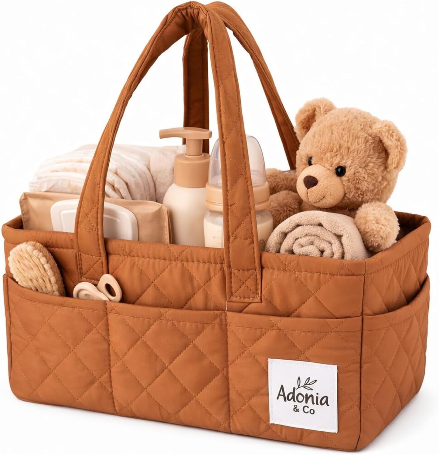 Adonia & Co Diaper Caddy Organizer – Baby Essentials Organizer, Nursery Storage Basket for Diapers, Wipes & Newborn Essentials – Portable, Machine Washable, Structured DesignBrown)