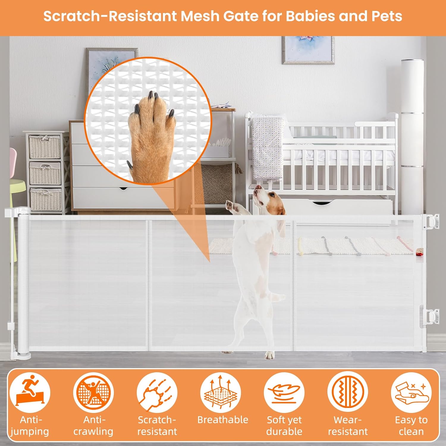 22 Inch Tall Retractable Baby Gates for Dogs, Easy Step Over Pet Gate Mesh Baby Gate Retractable Gates for Dogs, 55" Wide Reinforced Retractable Dog Gate Short Baby Gate Puppy Gates for Doorways/White