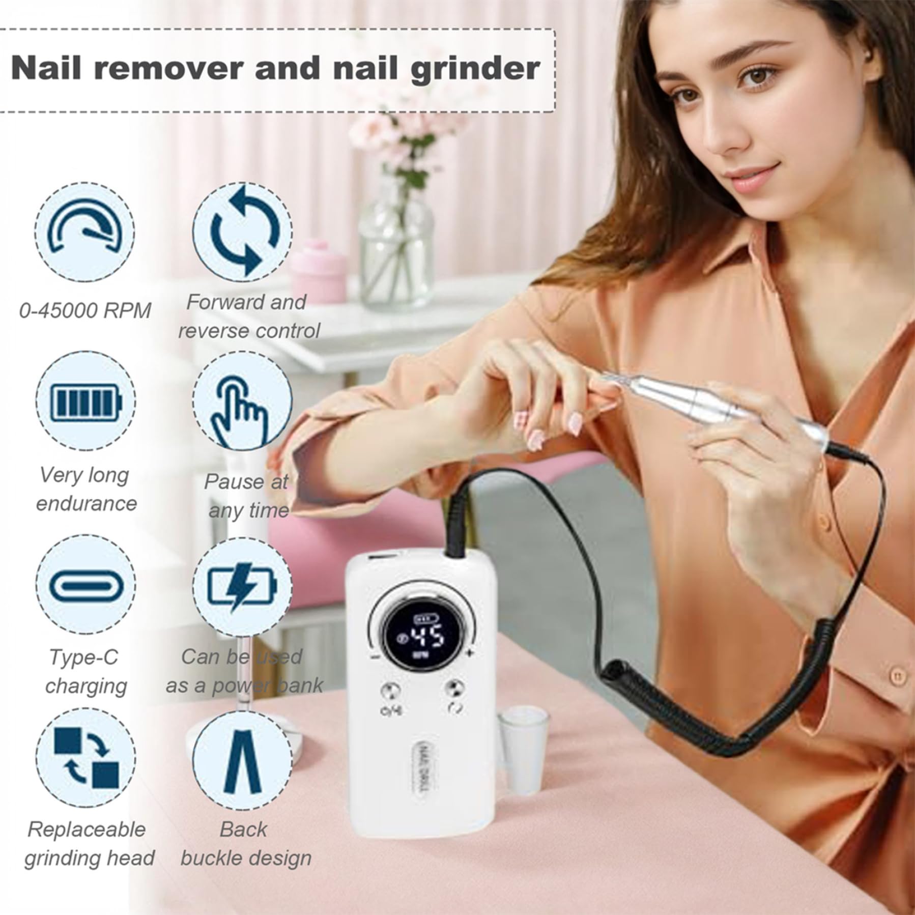 1 juego de taladro de uñas eléctrico 45000 RPM Kit de taladro de uñas recargable portátil profesional para acrílicas con lima eléctrica de 6 puntas para manicura pedicura.