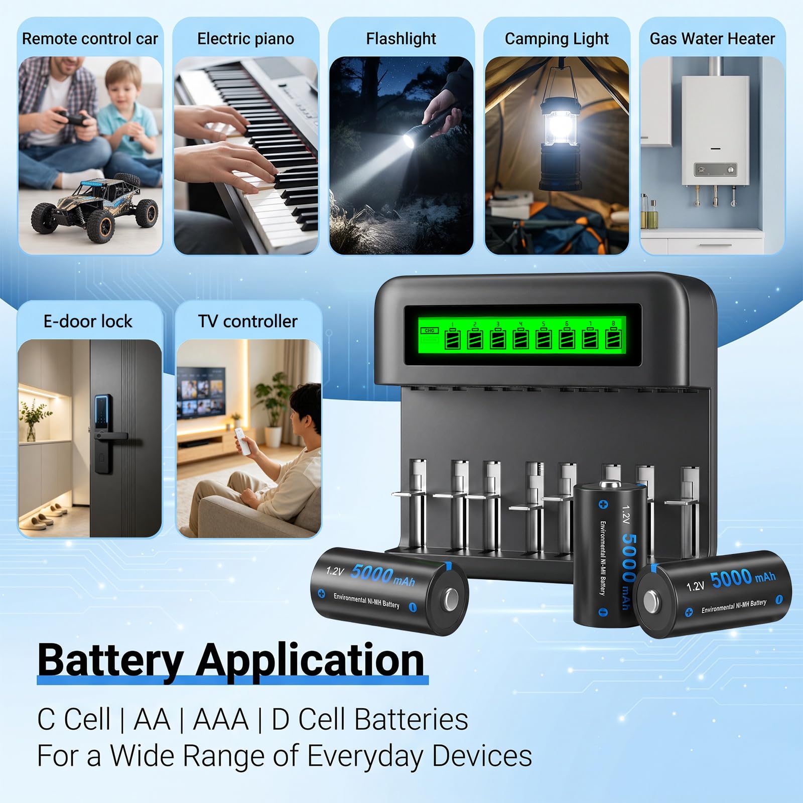 CITYORK Lot de 4 batteries rechargeables C 5000 mAh et 8 baies LCD rechargeables pour piles rechargeables Ni-MH AA AAA C D