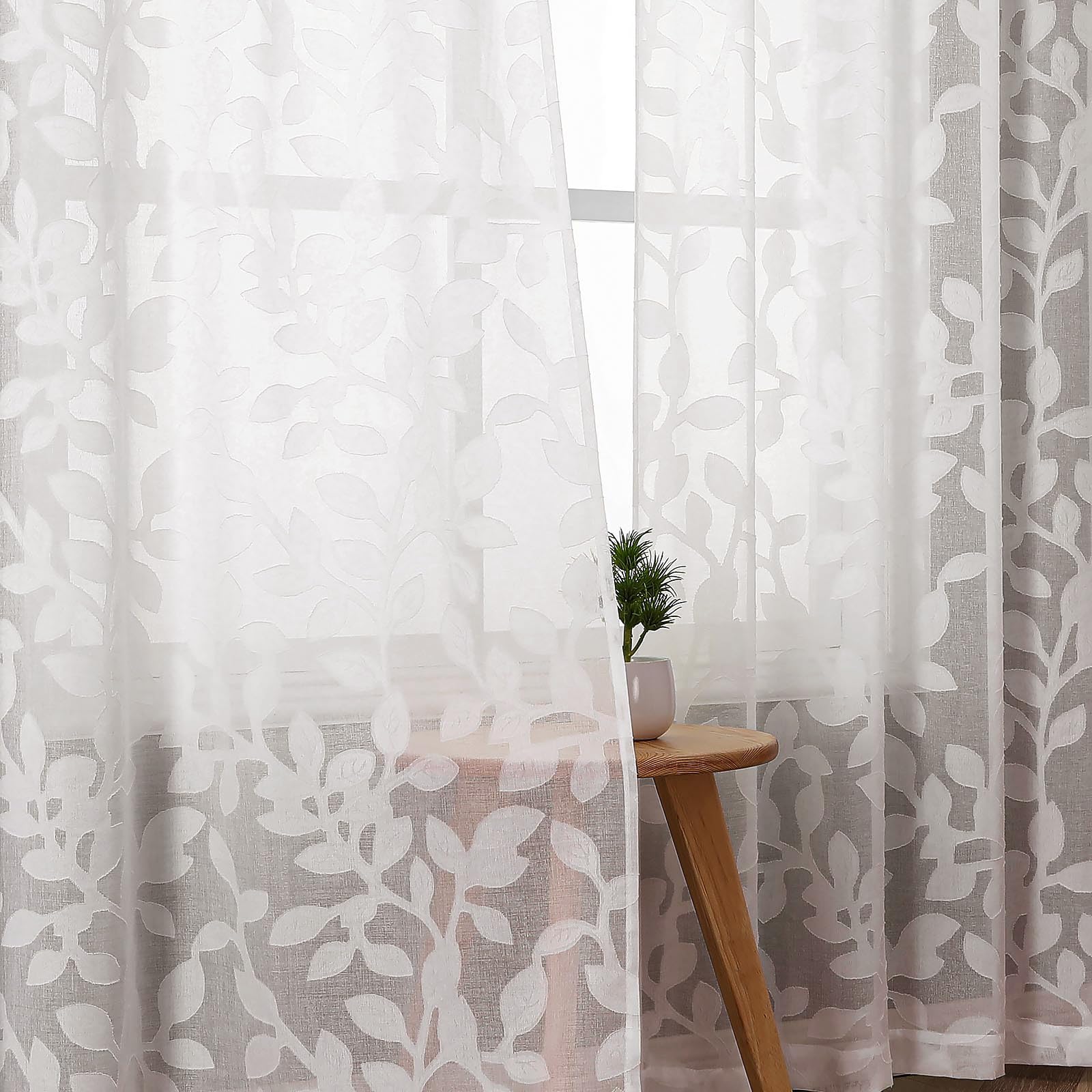 ovzme ivory sheer curtains 63 inches long 2 panels for living room, jacquard clip leaf pattern textured light filtering window semi sheer voile drapes for bedroom, each panel 42 x 63 inch