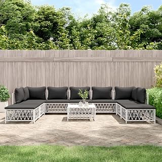 10-Piece Garden Lounge Set Outdoor Patio Furniture with Table, White Powder-Coated Steel & Woven Fabric, Modern Modular Design for Backyard, Balcony or Porch