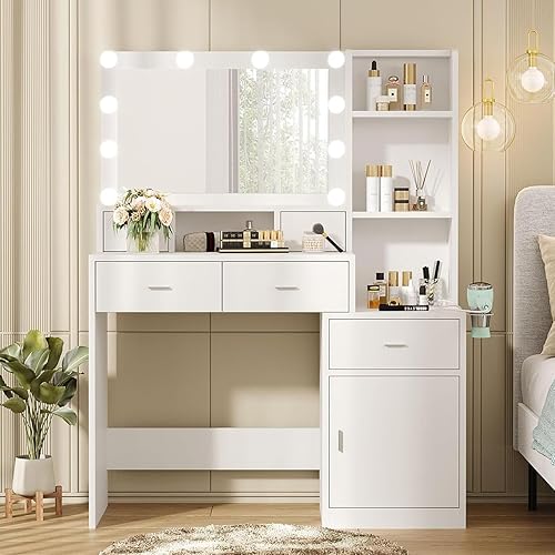 Escritorio de tocador con luces, juego de mesa de tocador de maquillaje con 5 cajones, tocador de maquillaje blanco con espejo iluminado, 3 modos de