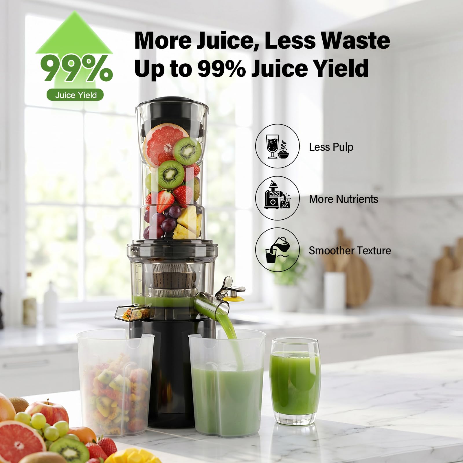Slow Juicer 500W mit 170mm XXL Einfüllöffnung, Elektrischer Entsafter Kaltpress, BPA-frei, 3-Fach-Filtersystem, Leiser Obst- & Gemüseent­safter, Einfach zu Reinigen, Mit 2 Gläsern & Bürste