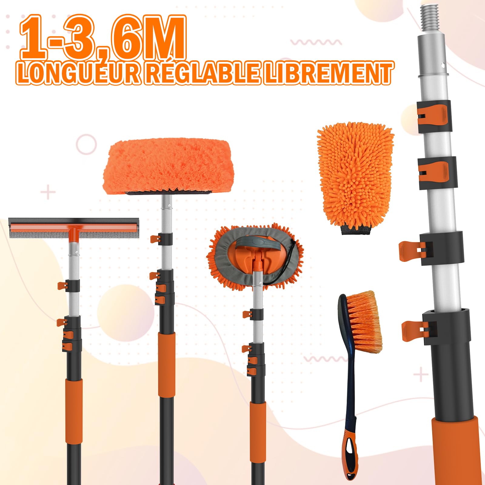 LAANPOLE Brosse Nettoyage Voiture avec Perche Telescopique 3,6m, Brosse Lavage Voiture avec Brosse Douce, Serpillière en Microfibre, Raclette Vitre, Gant, Brosse Jantes pour Camping-Car, Camion