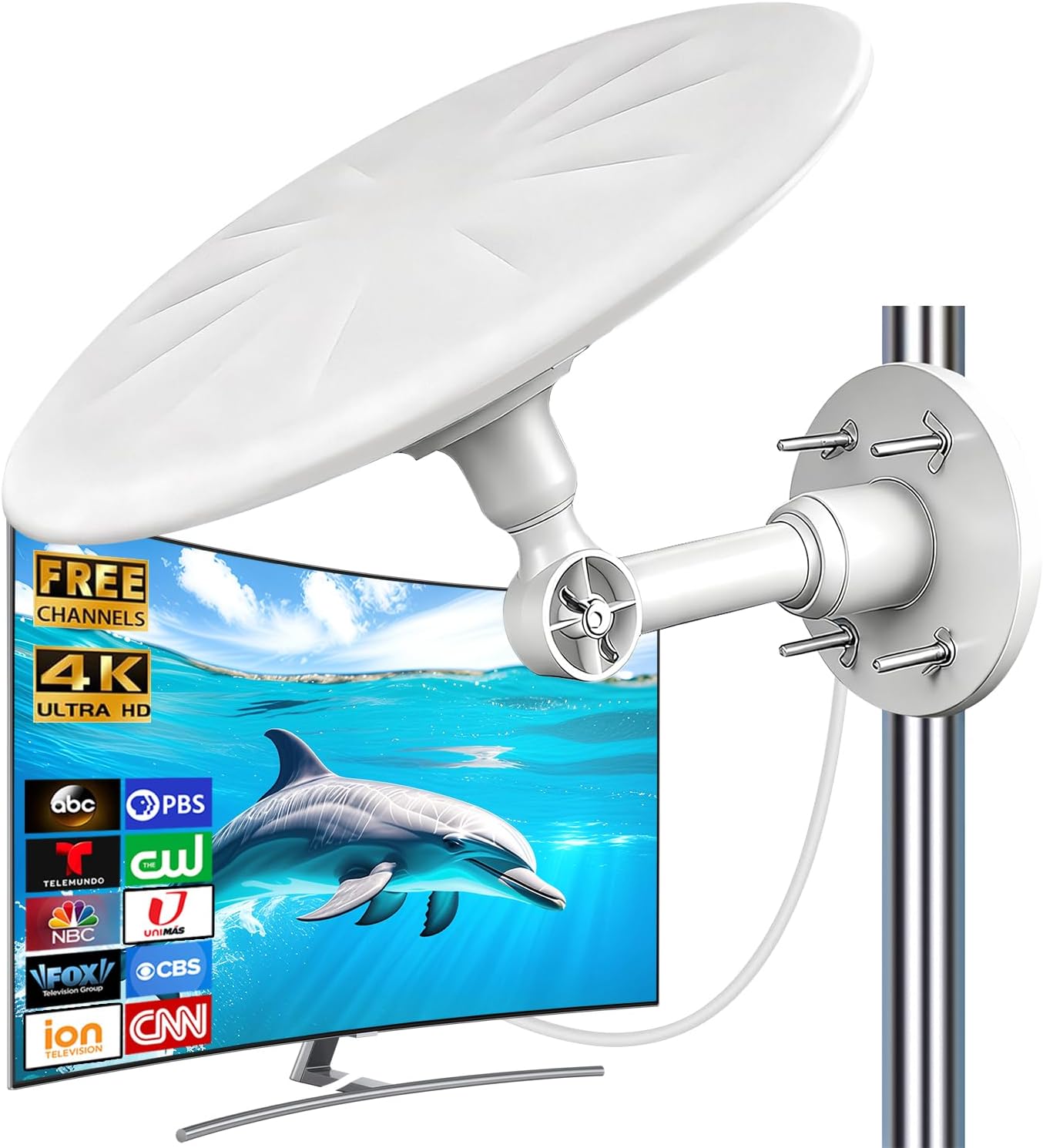 Omni-Directional Outdoor TV Antenna, 360° Long Range Reception Digital HD Antenna with Signal Booster, 4K 1080p VHF UHF for Smart TV Local Channels – Weatherproof for Attic RV Camper Boat