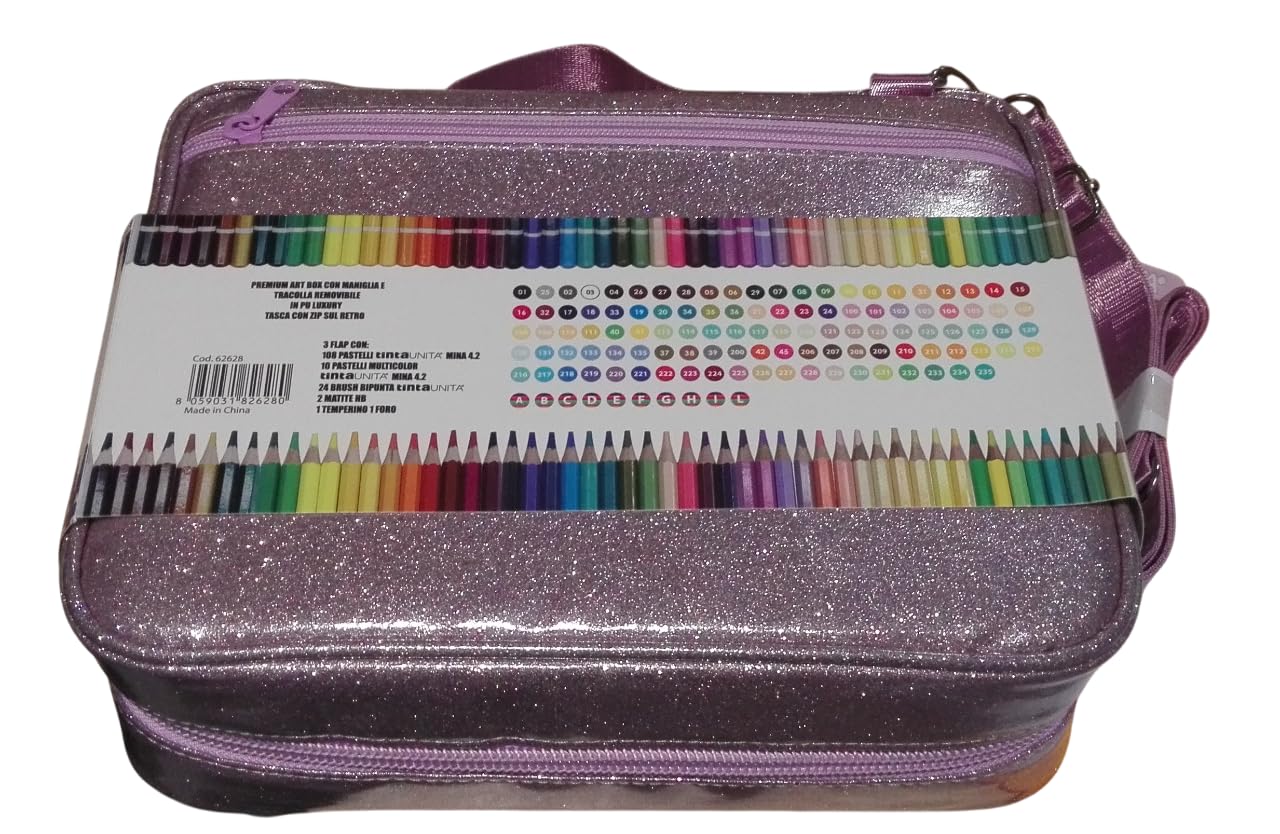 Borsa Valigetta Tracolla Art Box Premium Rosa Glitter con Pastelli in Legno MINA 4.2-144 colori con 2 colori Limited Edition by Pool Over con omaggio penna pailettes 6 penne in 1