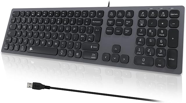 B.FRIENDIT Slim USB Wired Keyboard UK Layout Soft Touch and Quiet Key, Compatible with Apple iMac, Macbook, Mac and PC, Computer Keyboard with Numeric Keypad Space Gray