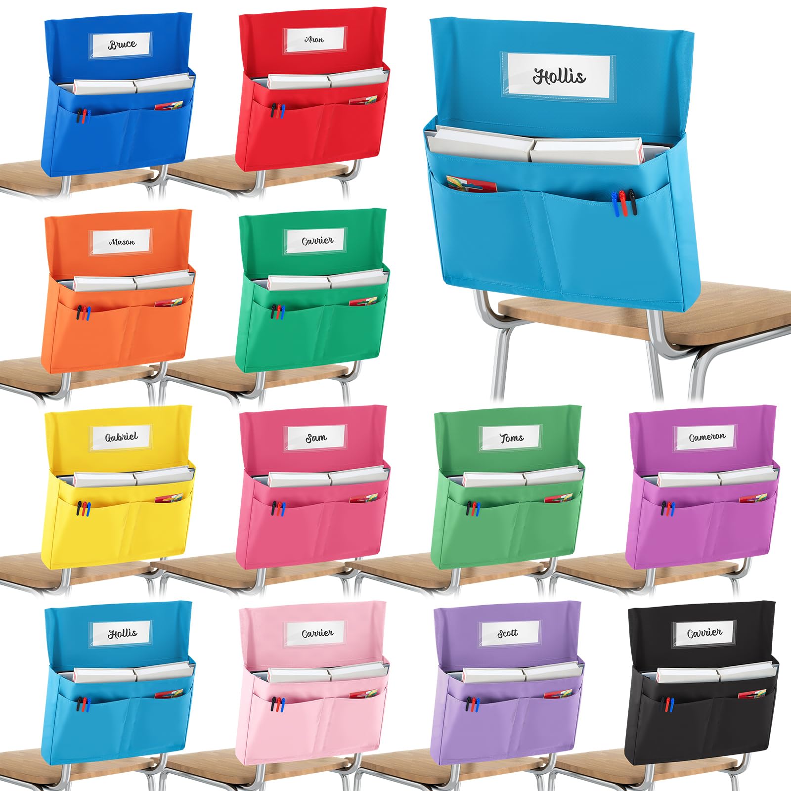 Talltalk 12 Pcs Chair Pockets for Classroom 16 x 19 Inch Chairback Pockets Chart with Name Tag Slot Chair Classroom Storage for Keeping School Table Organized Supplies, Name Tag Is Not Included