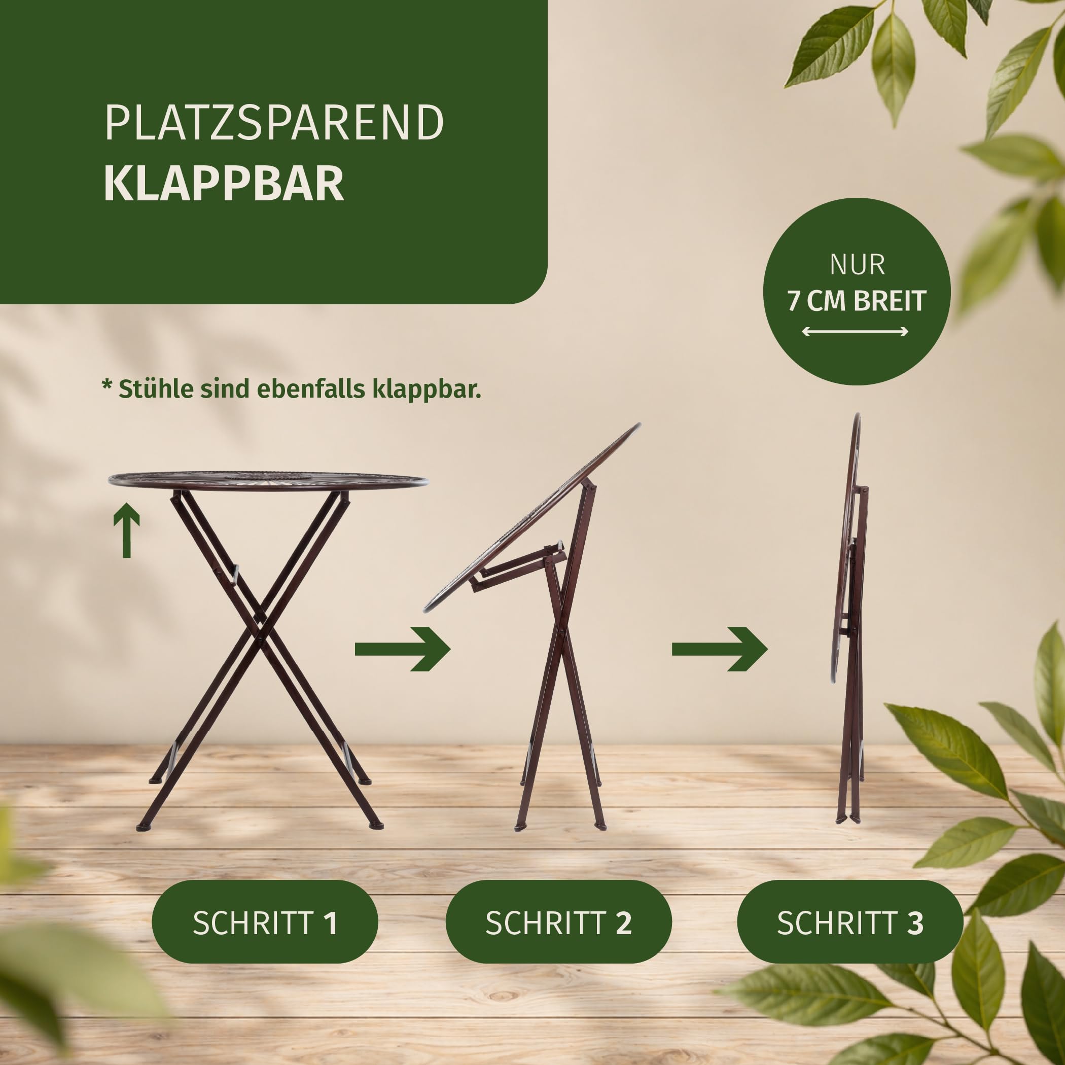 Moritz Bistroset 3-teilig klappbar Antik Braun - Metall Gartenmöbel Set - Klapptisch Ø 69,5 cm mit 2 Klappstühlen - Vintage Bistrogarnitur - Balkon Terrasse Garten Sitzgruppe nostalgisch
