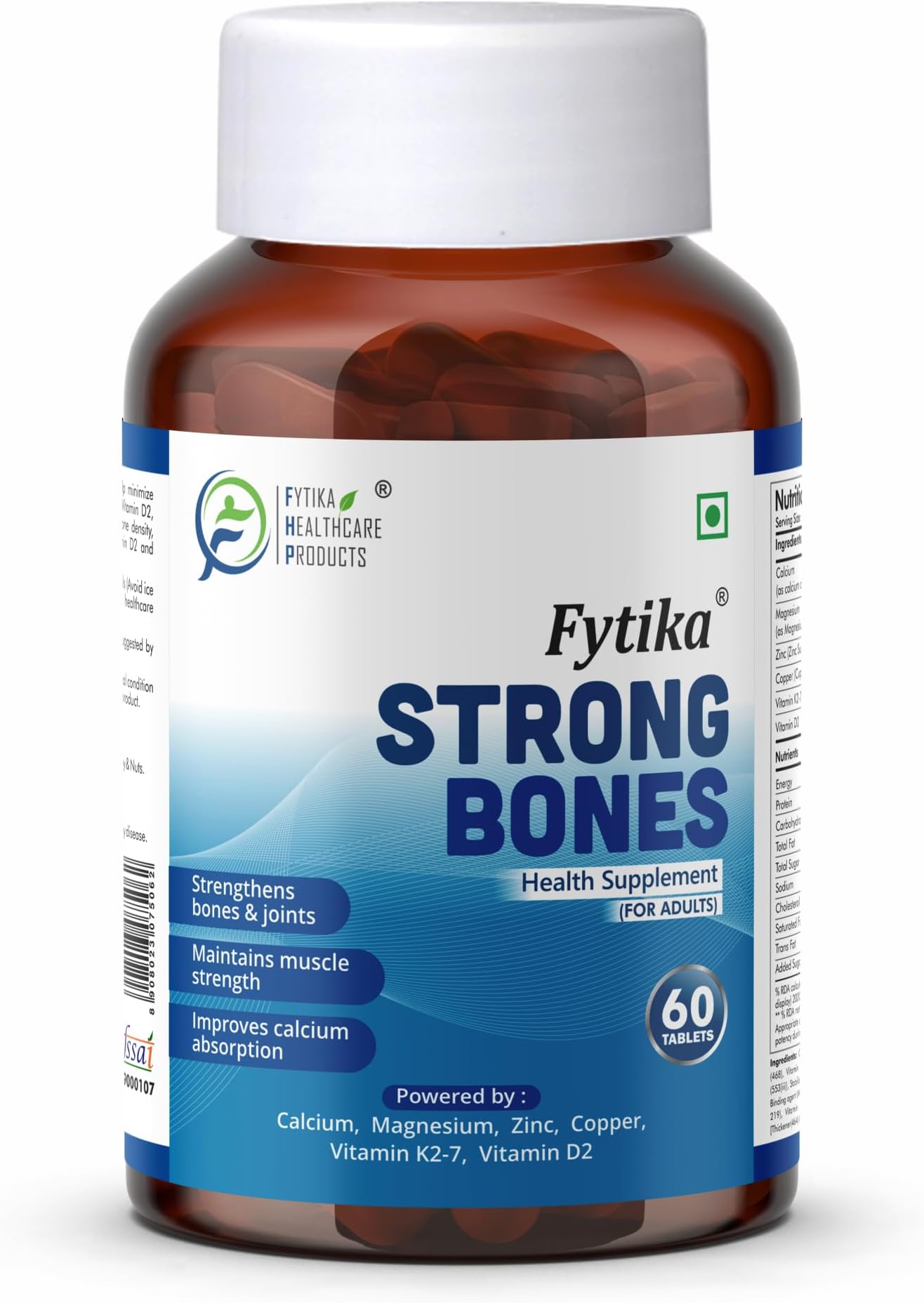 FYTIKA HEALTHCARE PRODUCTS Strong Bones | Calcium 1000mg + Vitamin D3 400IU Supplement with Magnesium, Zinc,Coper & Vitamin K2 for Complete Bone, Joint & Muscle Health - Women and Men | 60 Tablets