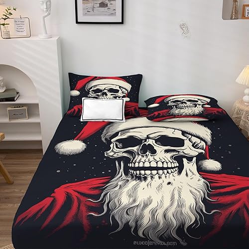 Miniatura 2 de Sábanas de Navidad tamaño California King, juego de sábanas de calavera con patrón de terror, juego de 4 piezas  Sábana bajera ajustable de