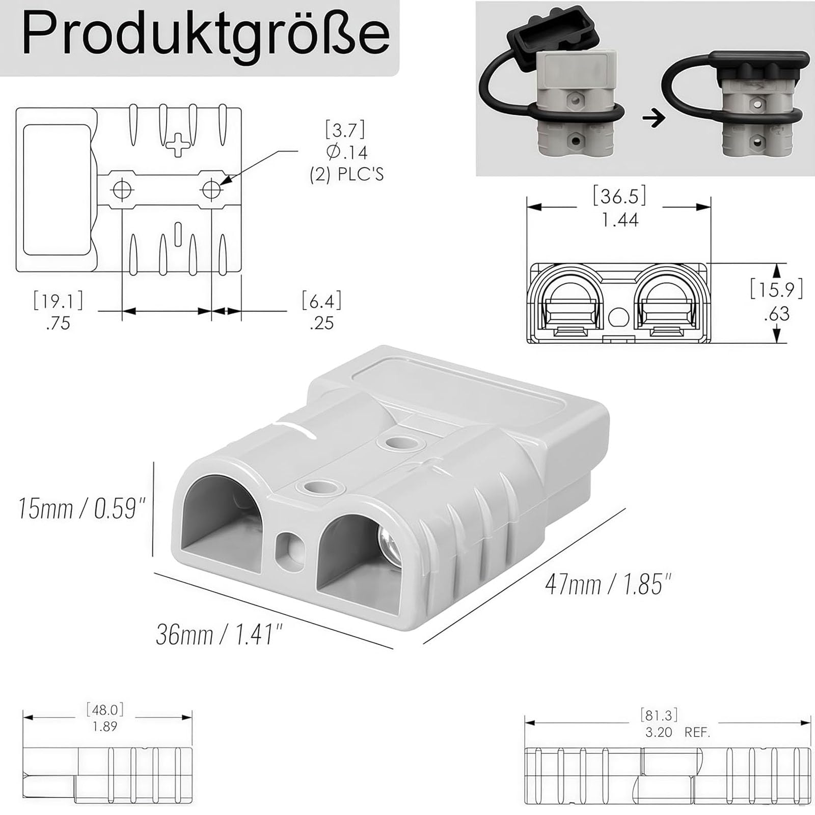 10 Stück Batterieanschluss für Anderson stecker 50a, 600V 50Amp Batterie Schnellanschluss Stecker mit 4 Stück Staubschutzkappen für Gabelstapler, Wohnwagen, Autos, Boote, Solaranlagen