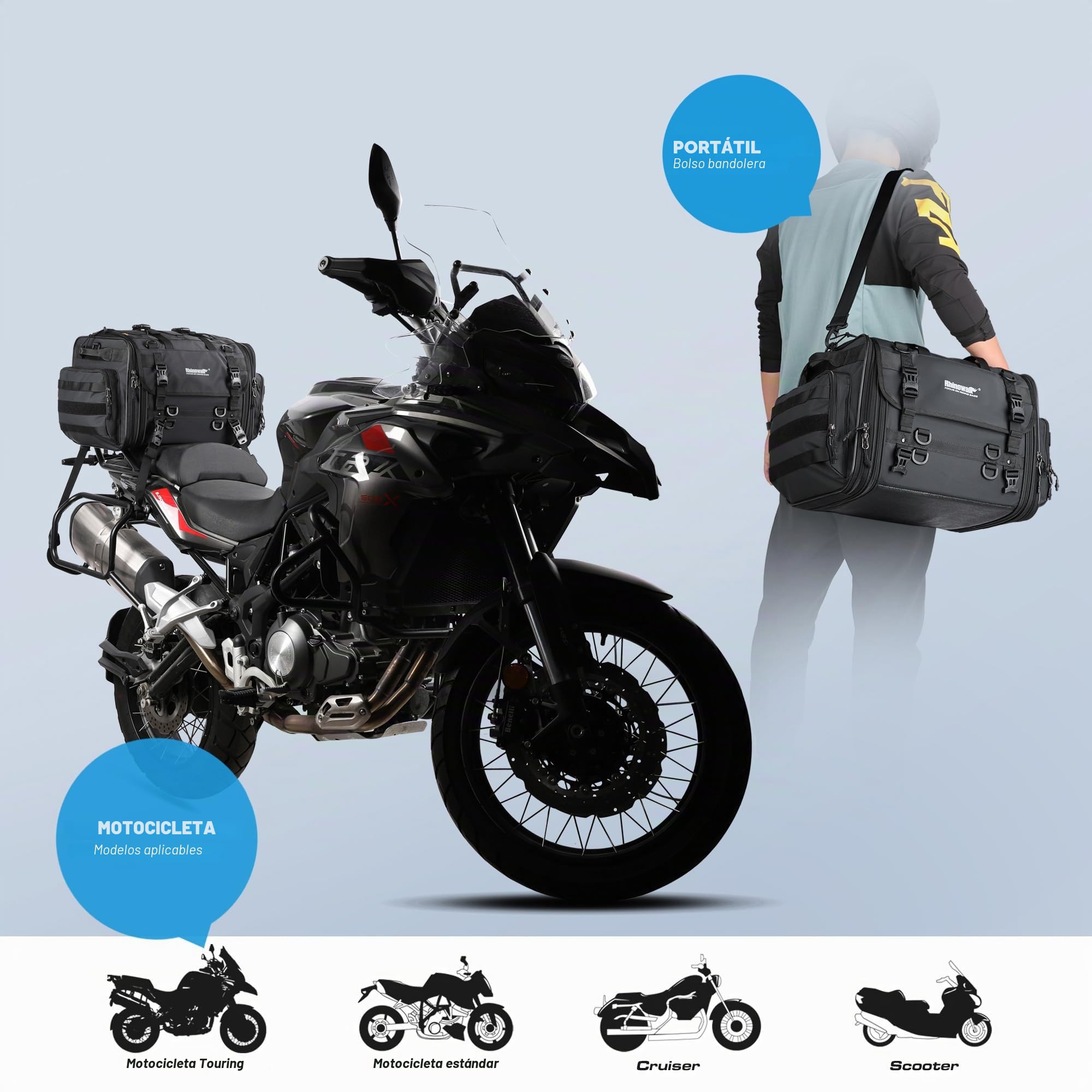 ENJOHOS Bolsa Moto Asiento Trasero Expandible 40-60L Bolsa Trasera Moto Impermeable Maletas Bolsa de Viaje de Cola para Motocicleta con Estuche de Lluvia y Bandolera, Negro