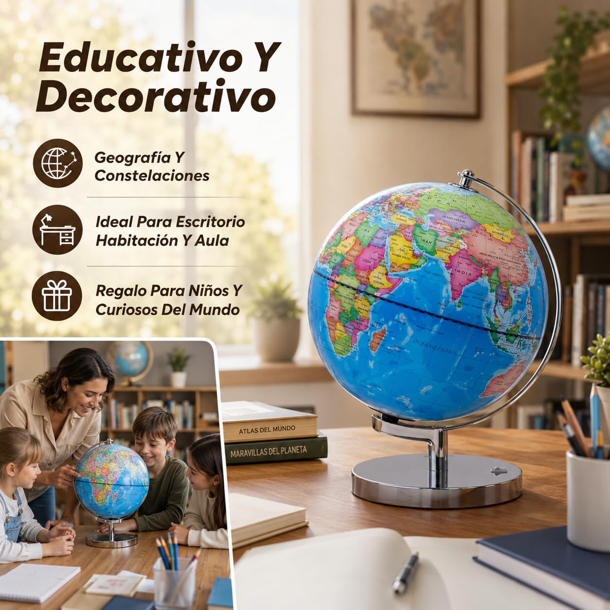 EXERZ Globo Terráqueo Iluminado 23 cm Mapa Español Y Constelaciones | Lámpara LED Sin Cable Base Metálica Cromada Modo Día Noche Para Escritorio Habitación Aula Y Regalo Educativo