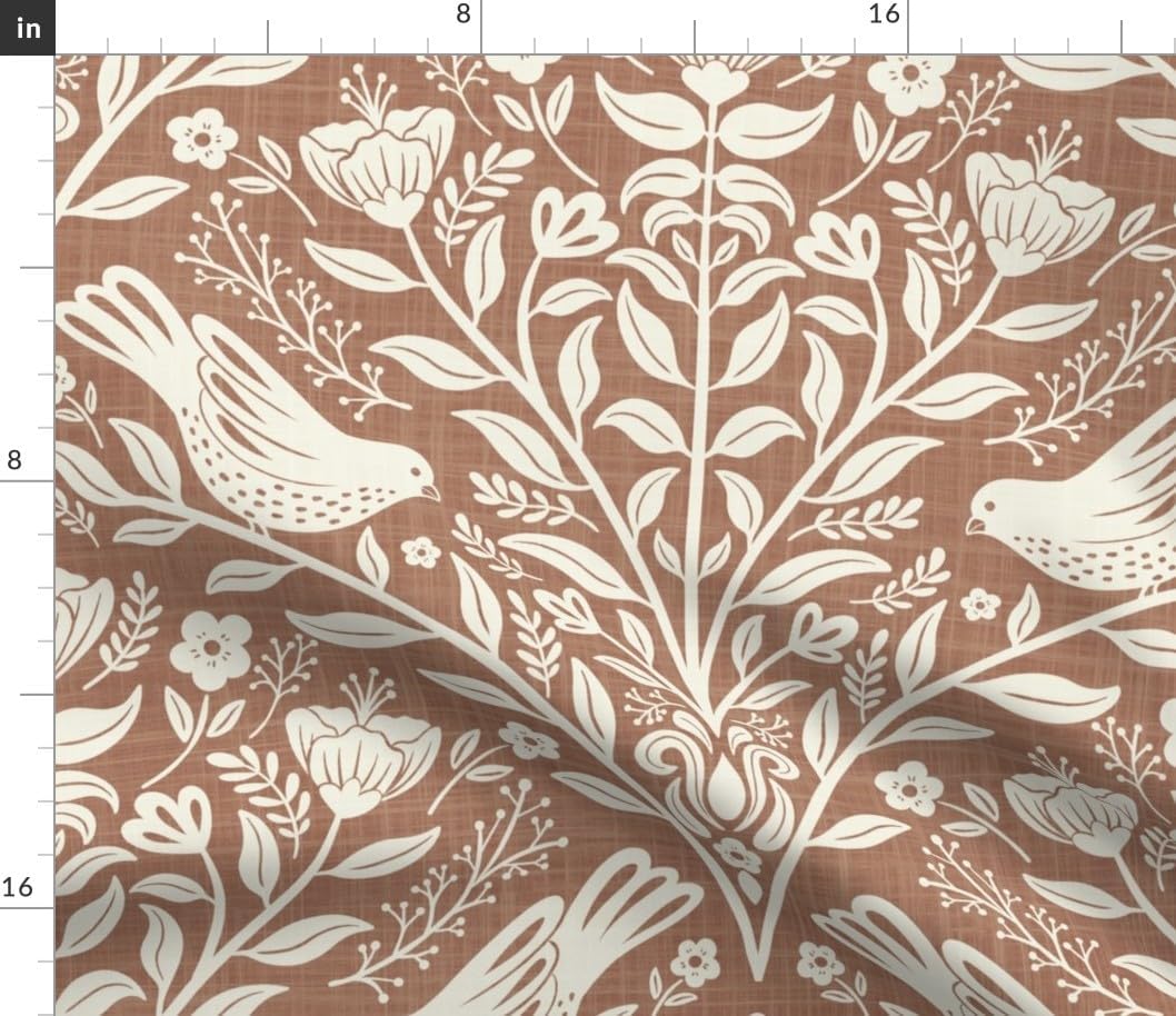 Spoonflower Fabric - Whimsical Cottagecore Botanical Birds Crosshatch Floral Leaves Foliage Printed on Petal Cotton Fabric Fat Quarter - Sewing Quilting Apparel Crafts Decor