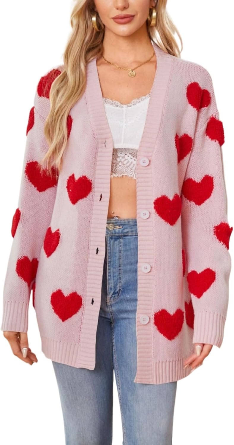 Women Cute Oversized Valentines Day Cardigan Sweater Kawaii Love Heart Button Up Preppy Knit Coat Trendy Y2k Clothes