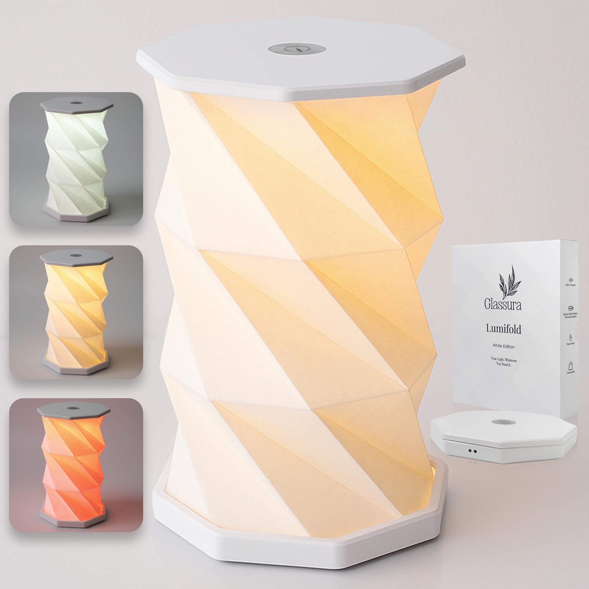 Lámpara plegable LED ABS, recargable USB-C, 3 modos de luz y sin cables. | Diseño origami 360° para mesita, salón, terraza cubierta y viajes; más de 12h de autonomía, decoración y regalo