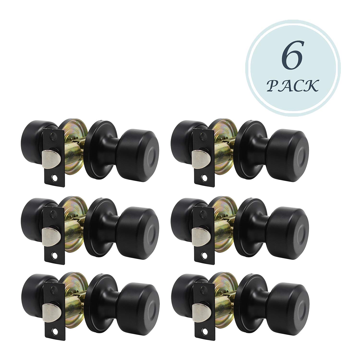 KNOBWELL6 Pack Matte Black Passage Door Knobs, Interior Door Knob for Closet Hallway Doors, Keyless Indoor Door Handle