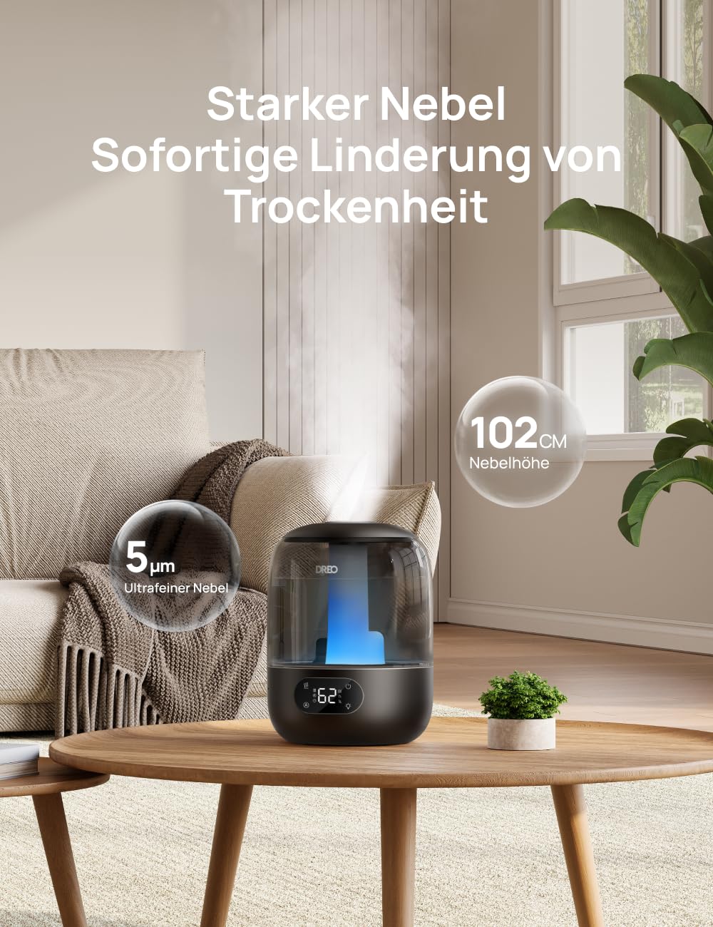Dreo Luftbefeuchter Kaltnebel-Ultraschallgerät 30h Laufzeit 3L Top-Fill-Tank Feuchtigkeitssensor Nachtlicht