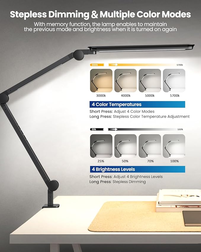 Pak LED Desk Lamp with Clamp, Ultra-Bright Dual Light Architect Desk Light with Adjustable Swing Arm, Eye-Caring 4 Color Modes Stepless Dimming Task Table Lamp for Home Office Reading Study & Workbench photo 2