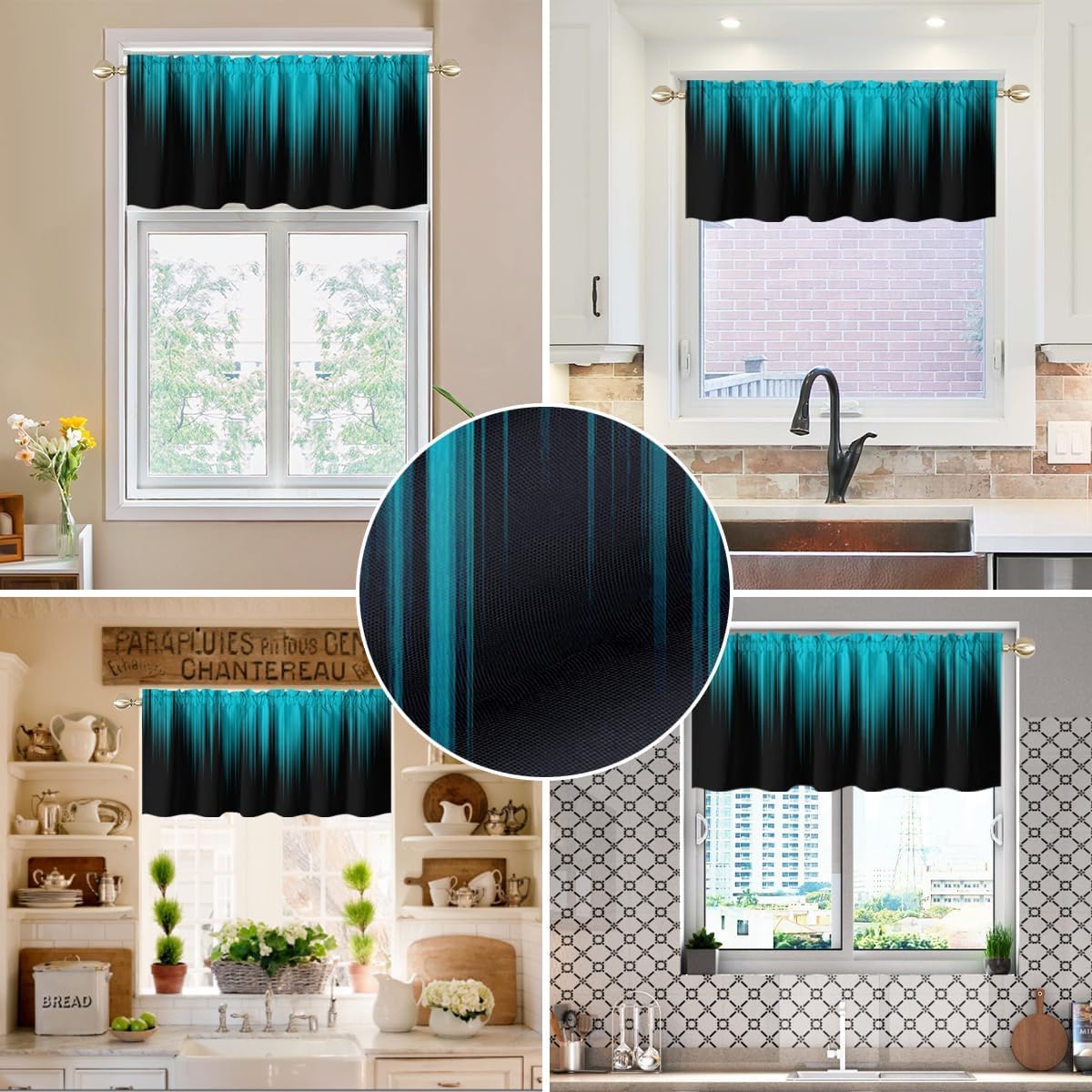 AAtter Teal and Black Kitchen Valances 2 Pack, Ombre, 2 Pack, 52" W x 18" L image 4