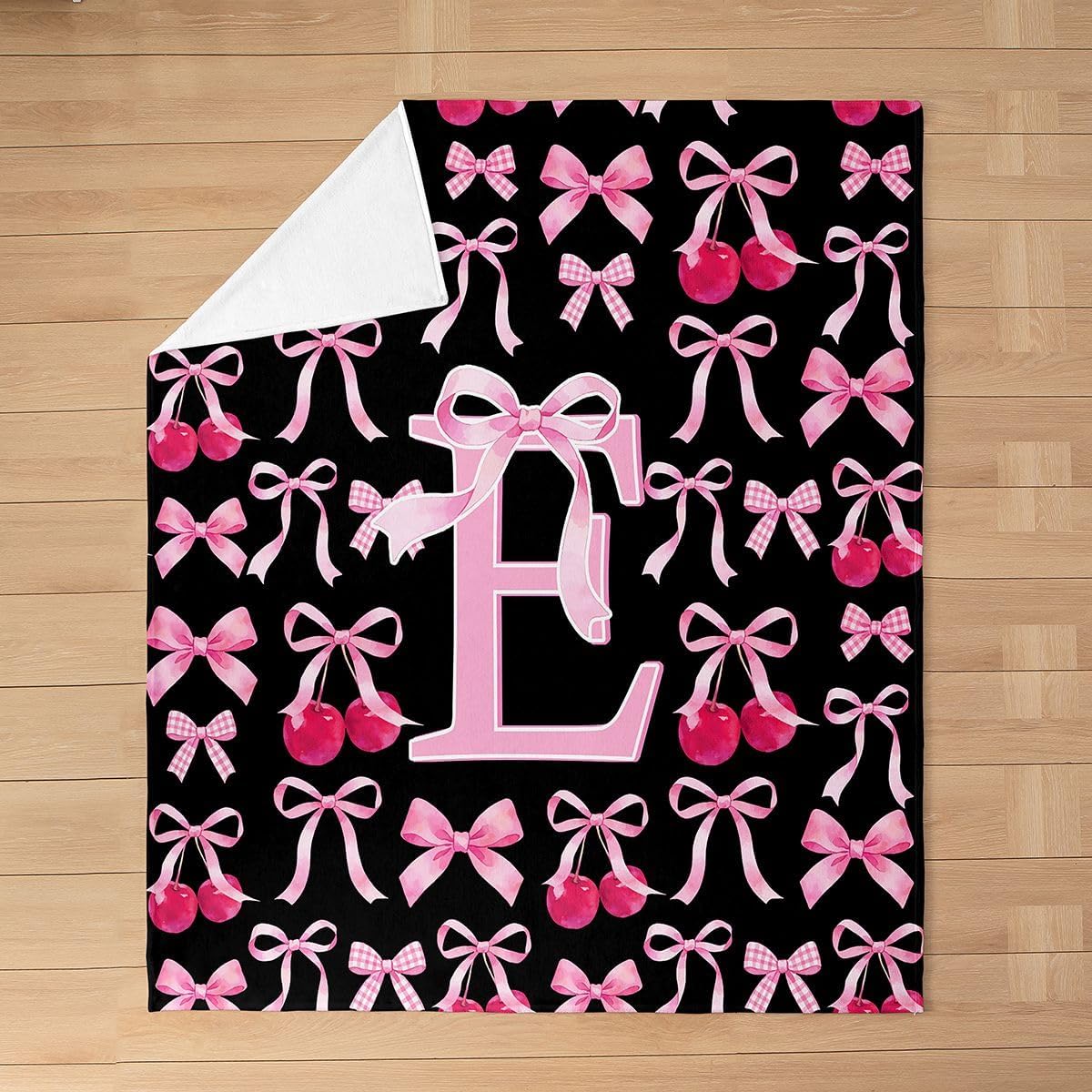 Kids Coquette Pink Black Bow Fleece Throw Blanket Baby 30"x40" Personalized Initial E for Bed Couch Chair Living Room for Boys Girls Teens Bowknot Flannel Blanket Plush Fuzzy Microfiber Princess