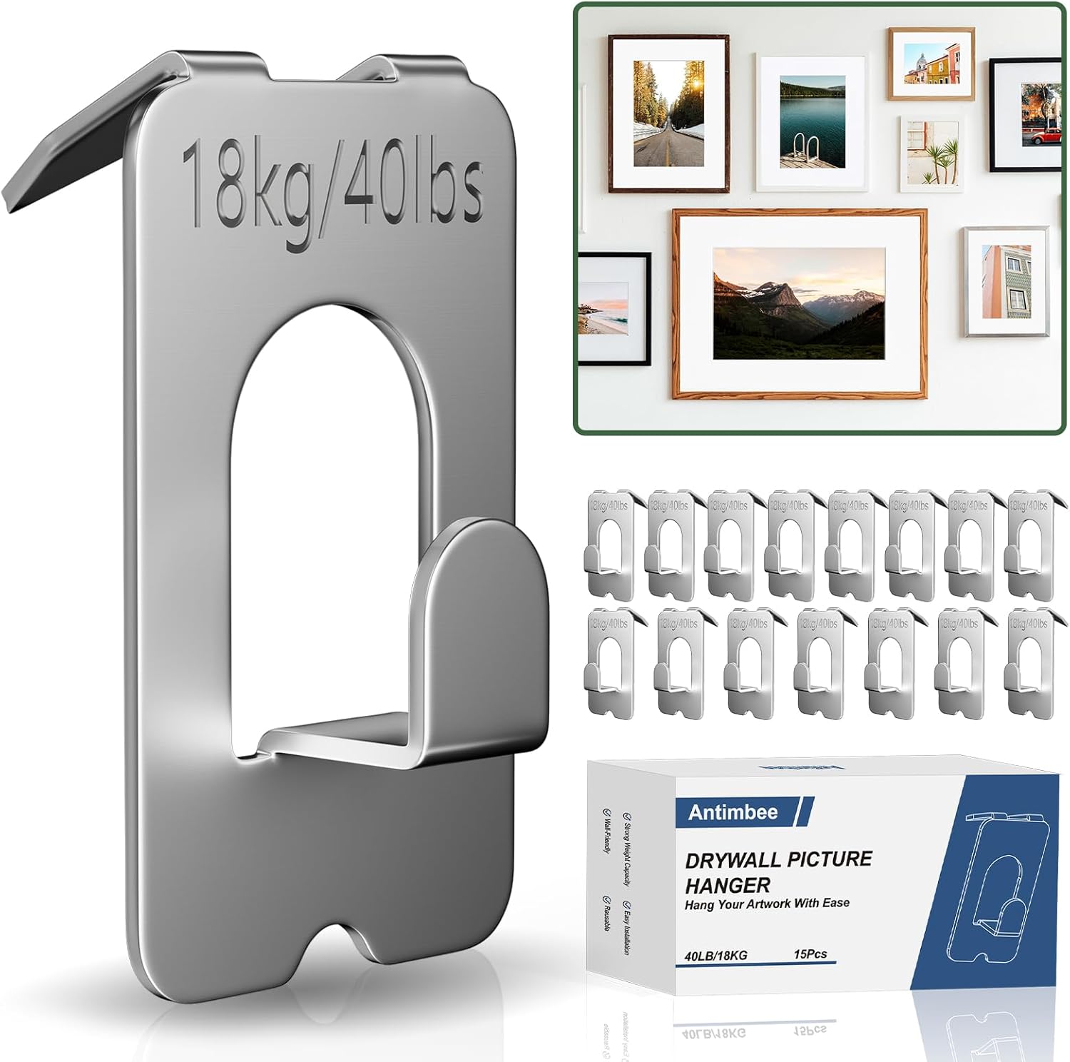 Antimbee Claw Picture Hangers for Drywall – 15 Pcs Heavy Duty Claw Hooks Support Up to 40 lbs, No Damage Tool-Free Drywall Hooks for Hanging Photo, Frame, Mirror, Artwork