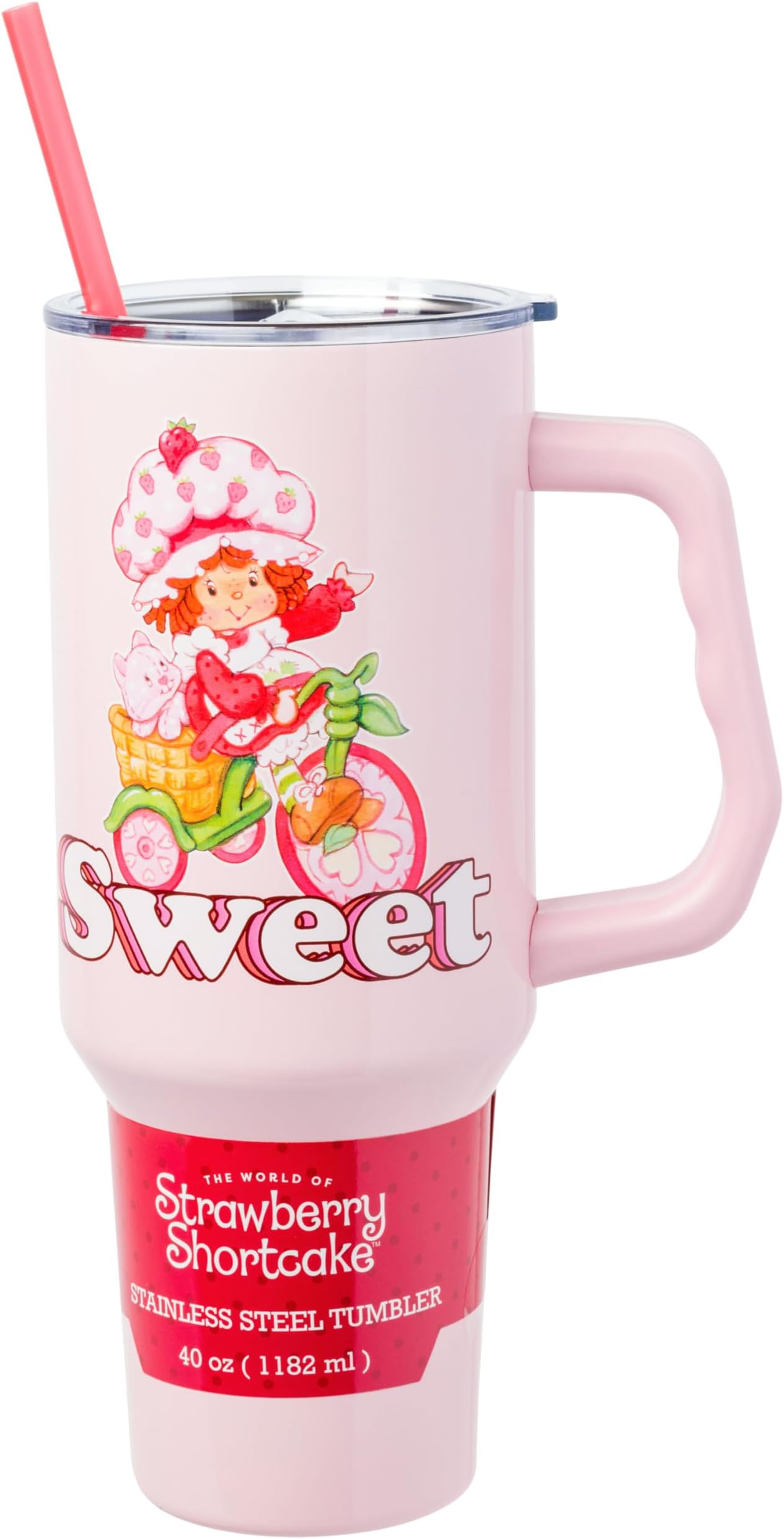 Silver Buffalo Strawberry Shortcake Riding Bike Sweet Vintage Stainless Steel Tumbler with Handle and Straw, Fits in Standard Cup Holder, 40 Ounces