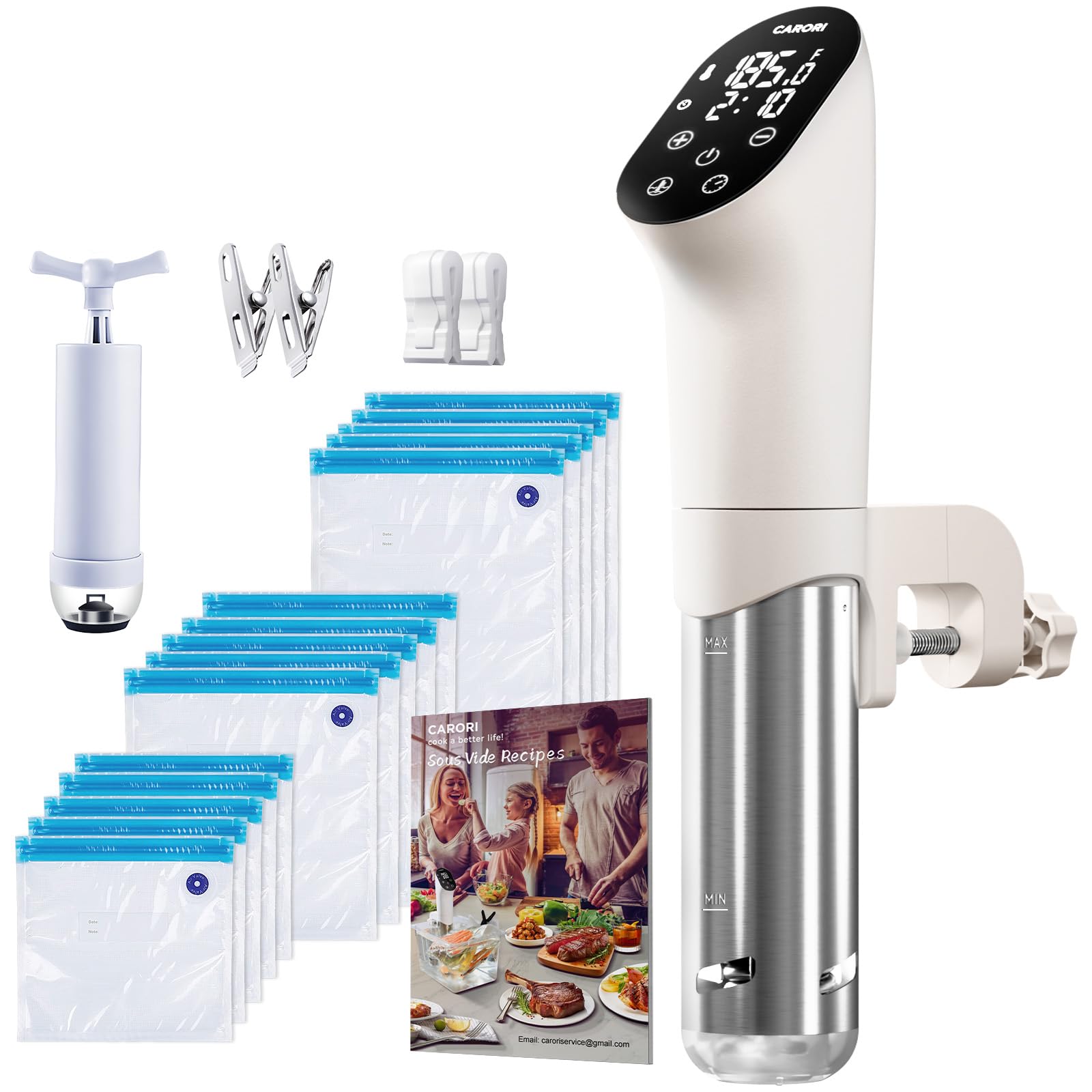 Carori Sous Vide Machine 1100W, Ultra Quiet Immersion Circulator with Recipes, Sous Vide Precision Cooker With Sous Vide Bags Kit 20-Piece Set with Reusable Vacuum Seal Bags in 3 Sizes, White
