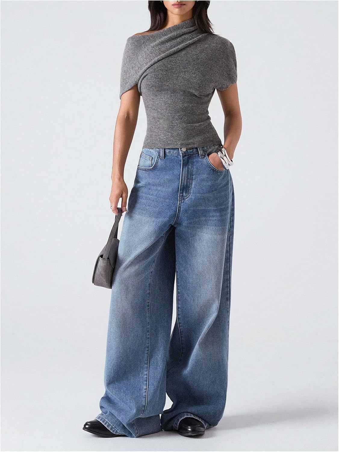 Floerns Women's Dolman Sleeve Knitted Sweater Asymmetrical Neck Pullover Tops - Image 5