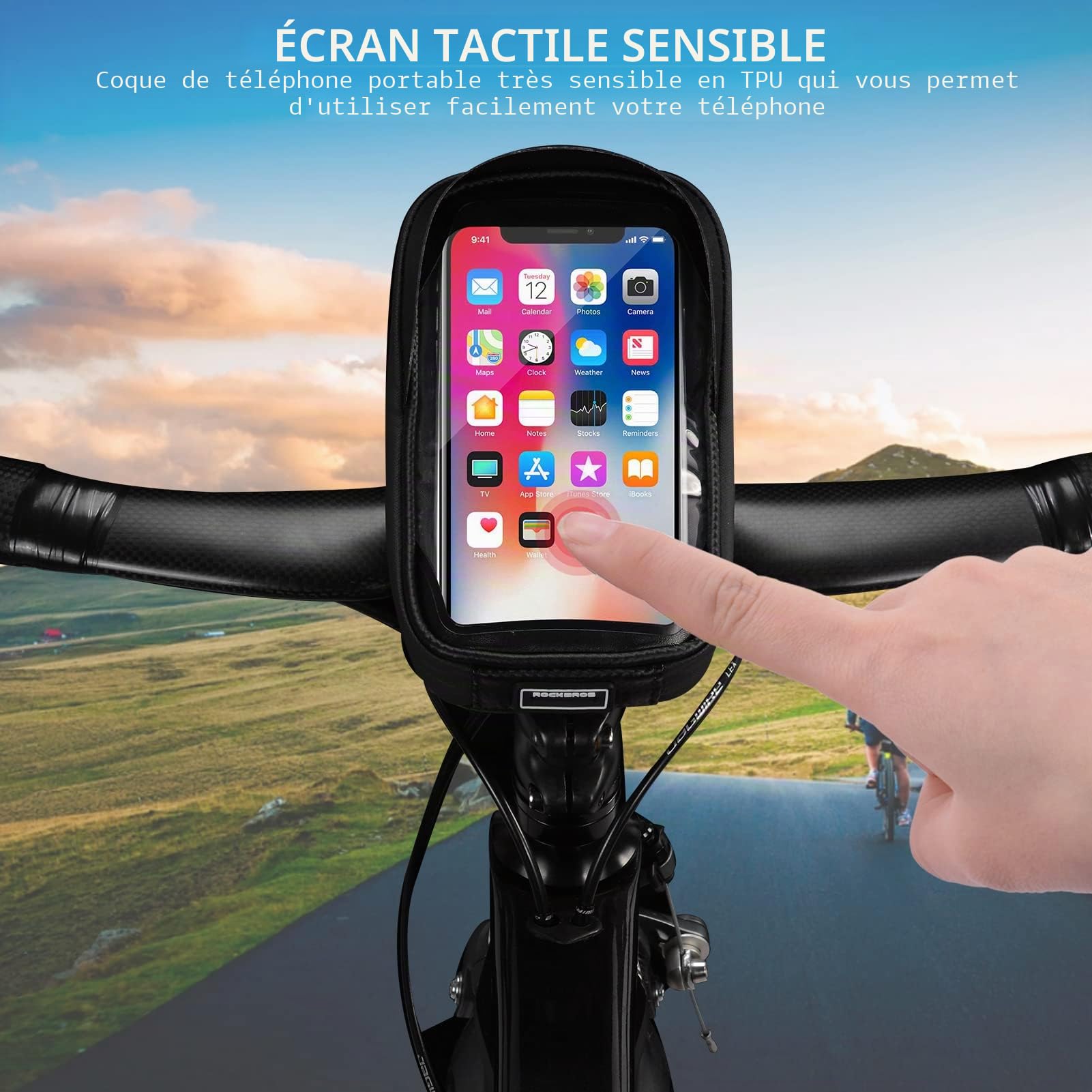 ROCKBROS Sacoche de Guidon Vélo, Support de Téléphone Ecran Tactile sous 6,5 Pouces, Sacoche de Cadre Vélo VTT Etanche pour Smartphone Noir