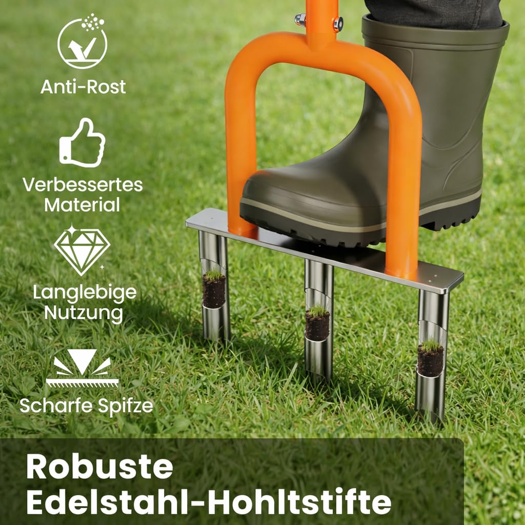 I IHAYNER Aerifizierer für Rasen, Rasenlüfter aus Edelstahl, 3 Zinken Hohlzinken, Gartengerät zum Rasen Belüften und Auflockern, Manueller Rasenbelüfter, für Verdichtete Böden und Hof Garten (Orange)