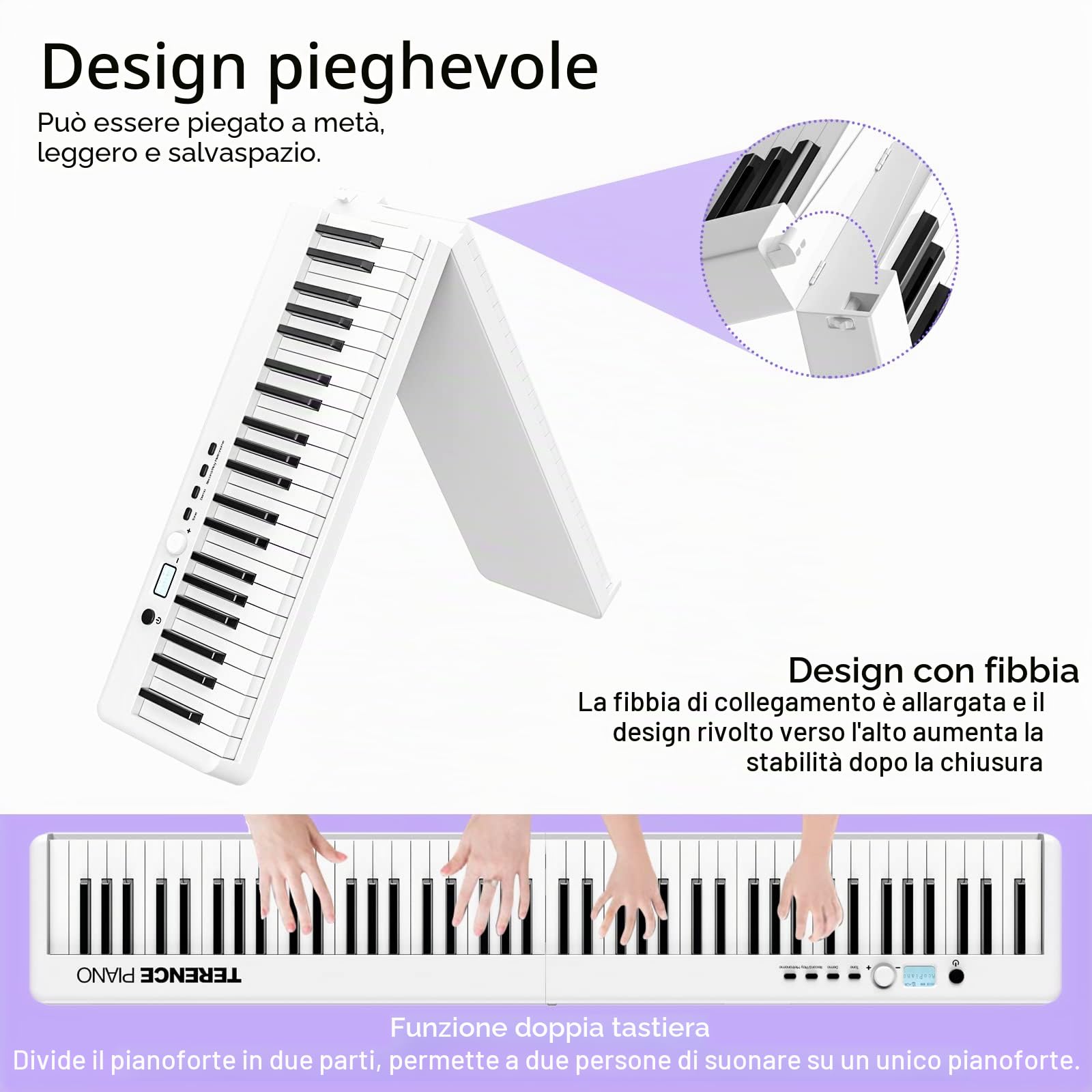TERENCE Pieghevole Pianoforte Digitale con 88 Tasti semi-ponderati e interfaccia USB MIDI supporto spartiti Bluetooth Borse per Tastiera Cavo audio Cuffie Pedale Sustain Bianco