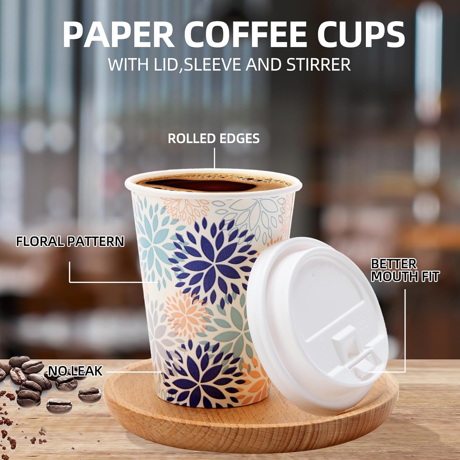 Tamone 100 PACK 16OZ Disposable Coffee Cups with Lids, To Go Coffee Cups with Lids Leak Proof, White and Blue Paper Cups Flower Design for Cold/Hot Coffee Beverage Chocolate Cocoa for Home Office - Image 3