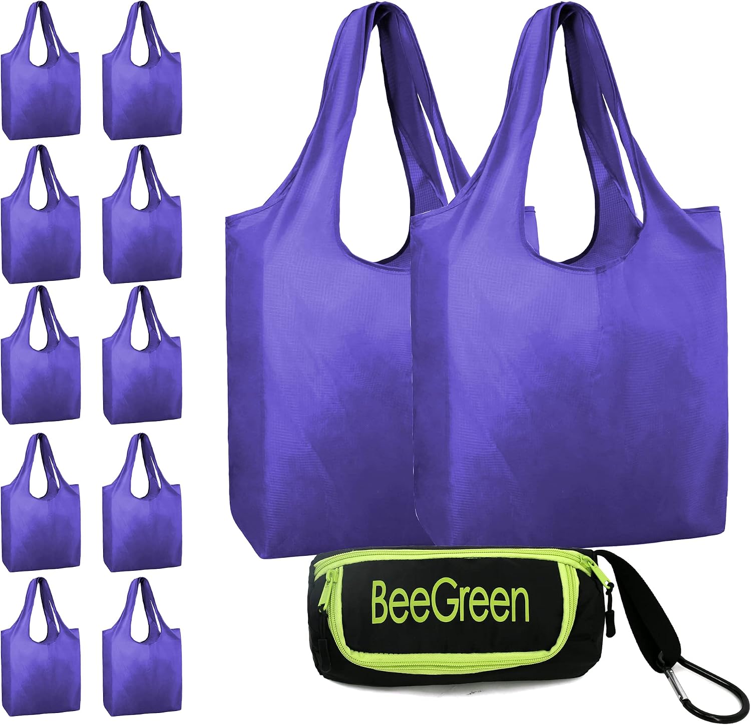 BeeGreen Purple Reusable Grocery Bags 12 Pack Reusable Bags Heavy Duty 50LBS Extra Large Bulk Reusable Shopping Bags Totes For Groceries Ripstop Nylon With Zipper Storage Bag For DIY