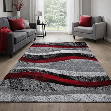 Thin Grey Red Designer Rug with Modern Wave Effect, Size 28" x 411"