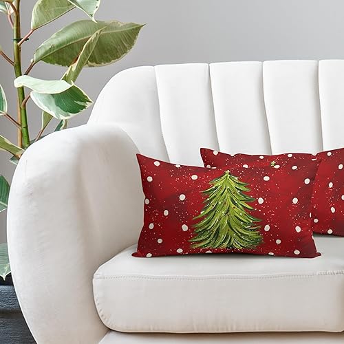 Miniatura 5 de Juego de 2 fundas de almohada lumbares rojas de Navidad de 12 x 20 pulgadas, fundas de almohada rectangulares de árbol de acuarela de Navidad,