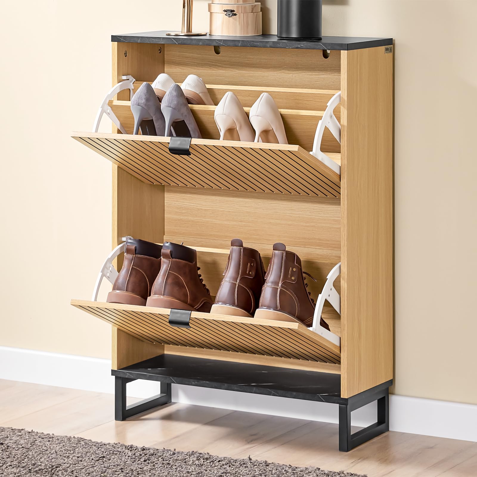 SoBuy Schuhschrank schmal schuhkipper – platzsparendes Schuhregal mit Klappen für Flur & Kommode – modernes Design, für 8-12 Paar Schuhe, bis 30 kg, schwarz/hellholz – FSR202-N