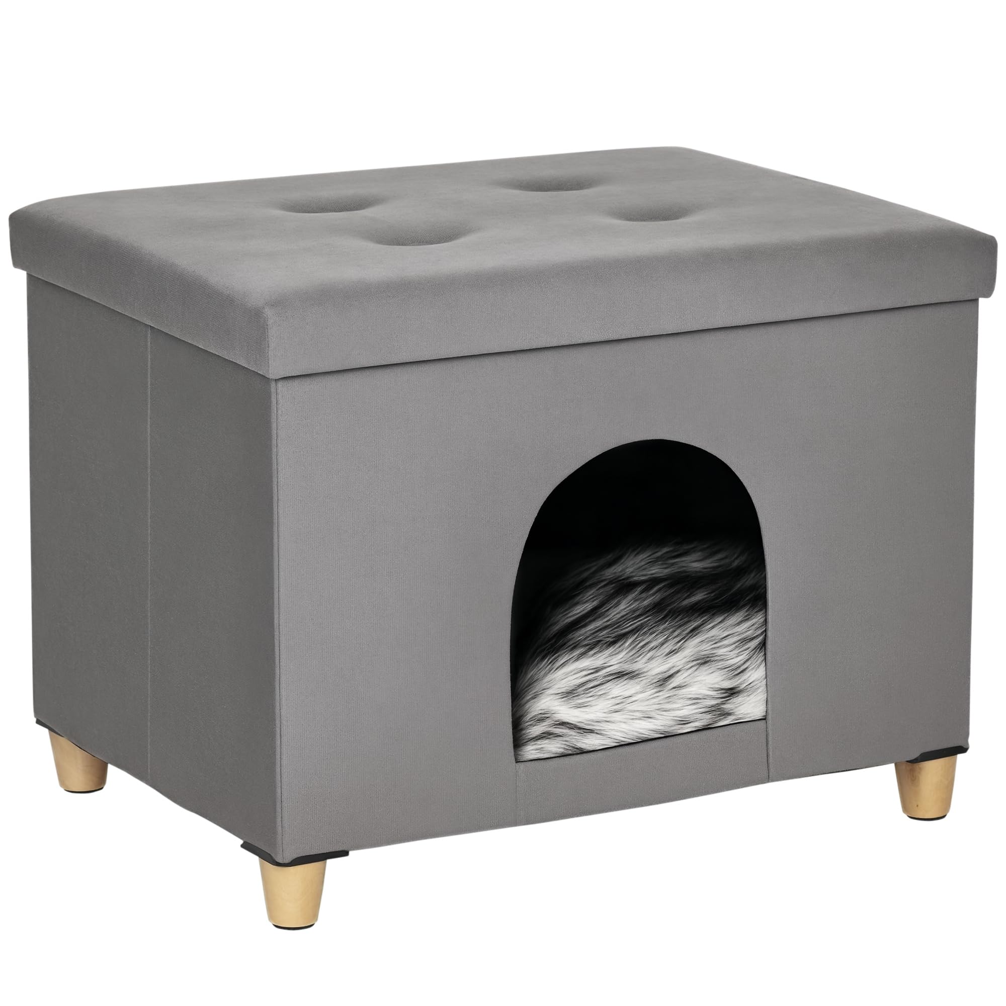 PawHut Niche Chat Maison de Chat Design surélevé avec Coussin amoviable et Lavable en Peluche Doux Repose-​Pieds, Dessus ouvrable, Gris