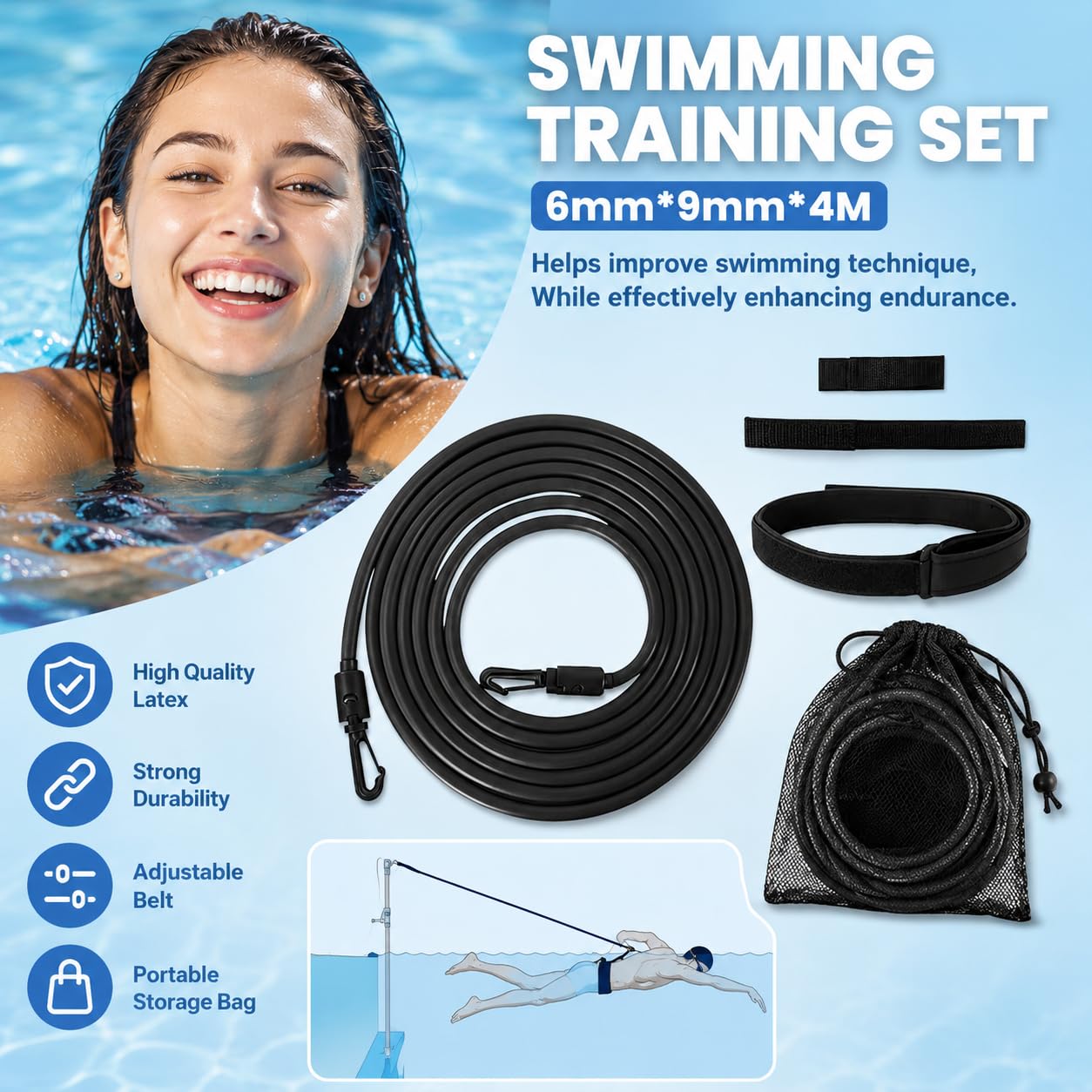 Schwimmgurt für Pool, 4M Schwimmhilfe Erwachsene Pool, Einstellbare Schwimmtraining Gürtel, Schwimmwiderstand Schwimmleine Durable für Schwimmbad Widerstandstraining