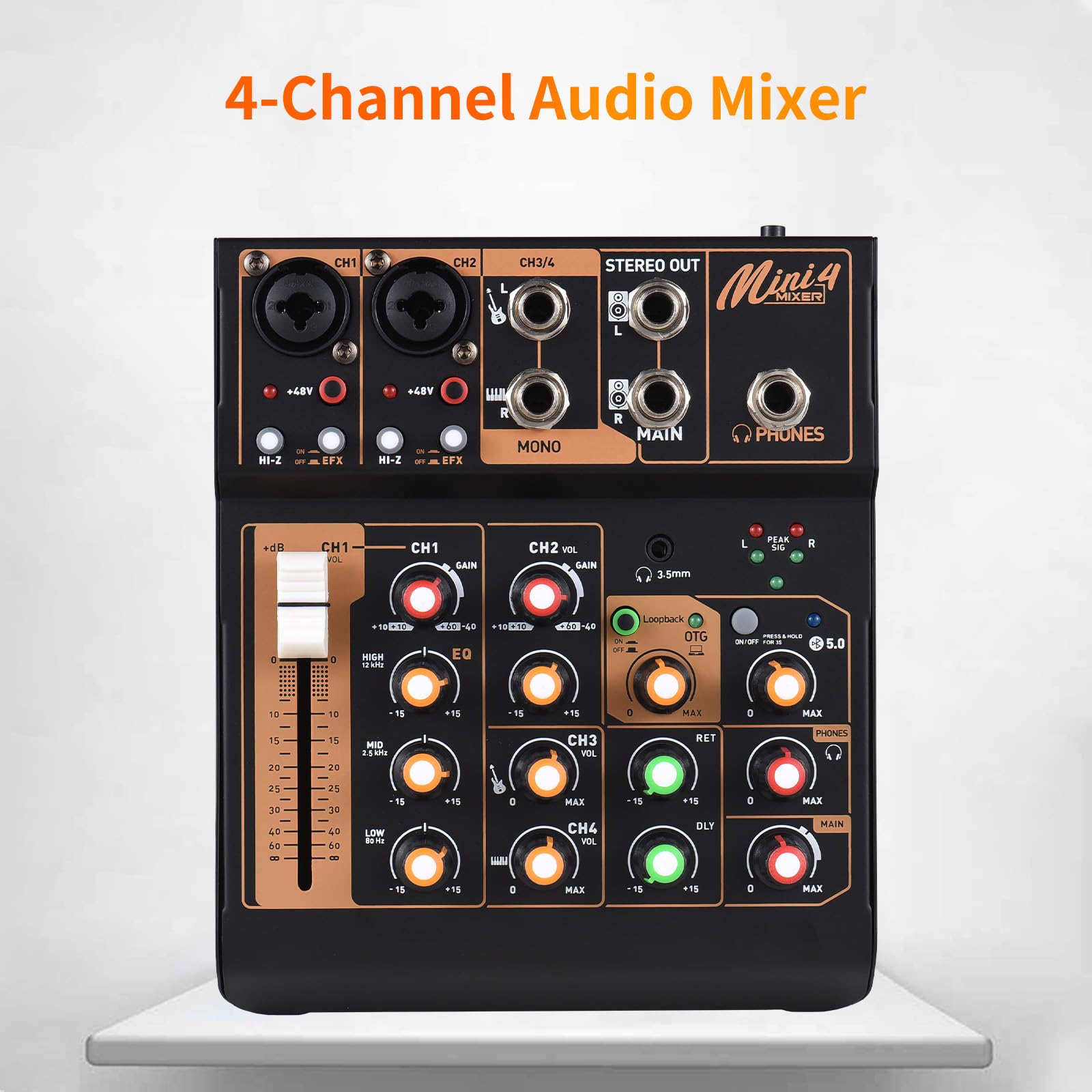 Przenośny mikser audio DJ 4-kanałowy mini karta mikser USB BT 48 V Phantom EQ 3 paski przycisk loopback