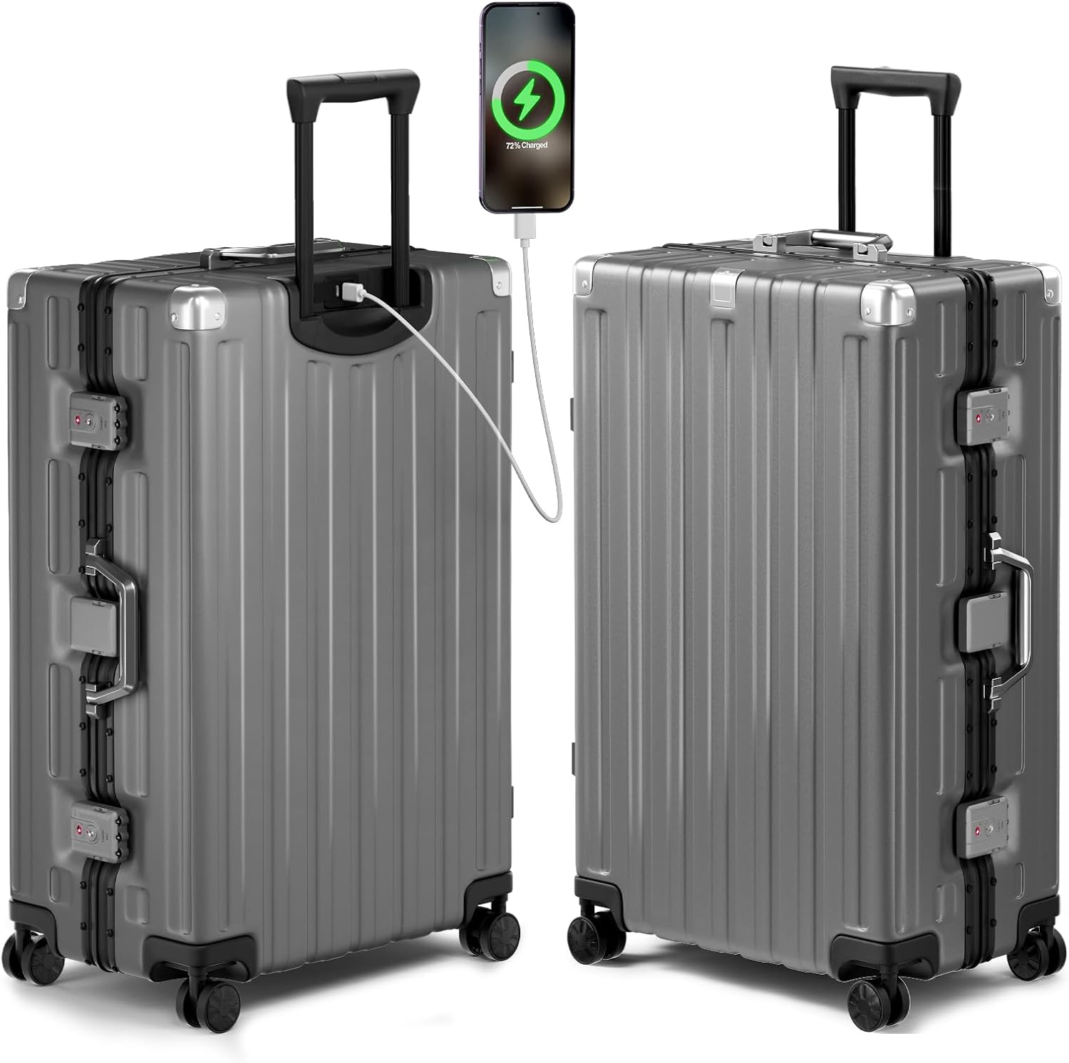 Krute 28 Inch Zipperless Checked Luggage Aluminum Frame PC Hardshell Suitcase with USB Port & TSA Lock, Large Lightweight Travel Luggage with Spinner Wheels Gray
