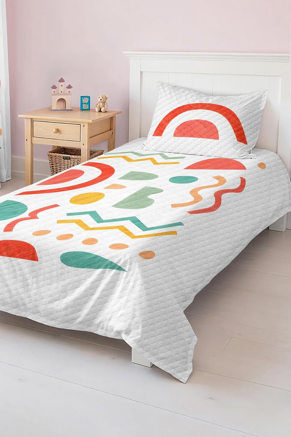 SODEF Bedding Set Twin Size Colorful Geometric Pattern Quilt Cover Set for Kids and Teens Room, Lightweight Cotton Polyester Blend, 2 Piece Set - Multicolor, One Size