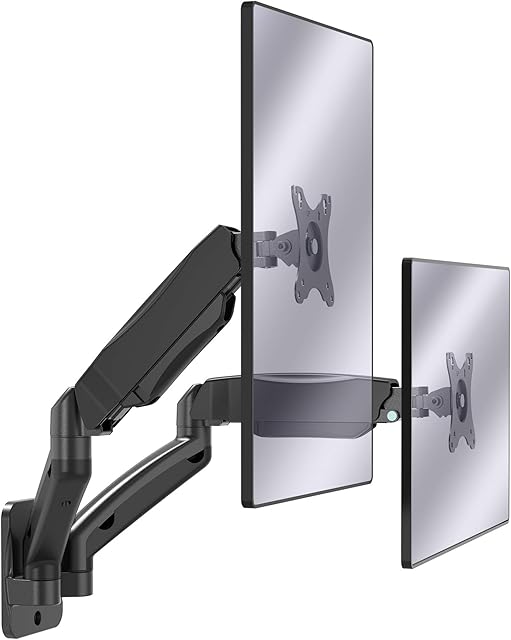 VonHaus Dual Monitor Wall Mount for 17-32 Inch Screens | Double Monitor Wall Mount with Gas Spring Arm up to 9 kg | Ergonomic 90° Tilt, 360° Rotation & 180° Swivel | VESA Dimensions: 75x75-100x100