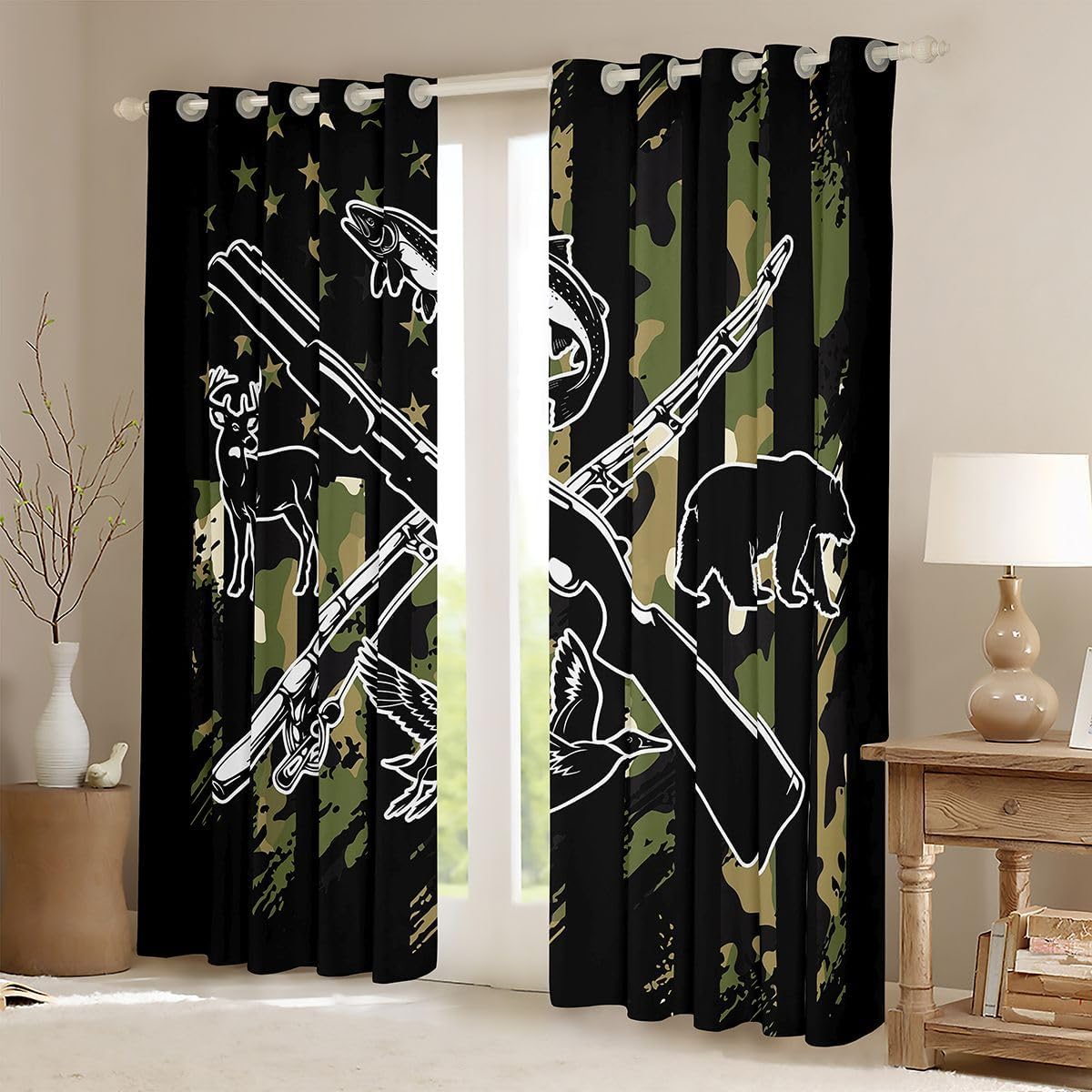 Hunting American Flag Blackout Curtains For Hunter Cabin,Camo Bear Deer Duck 38"Wx45"L Curtains & Drapes Fishing Bass Fish Window Curtains Army Green Camouflage Animals Window Treatments 2 Panels